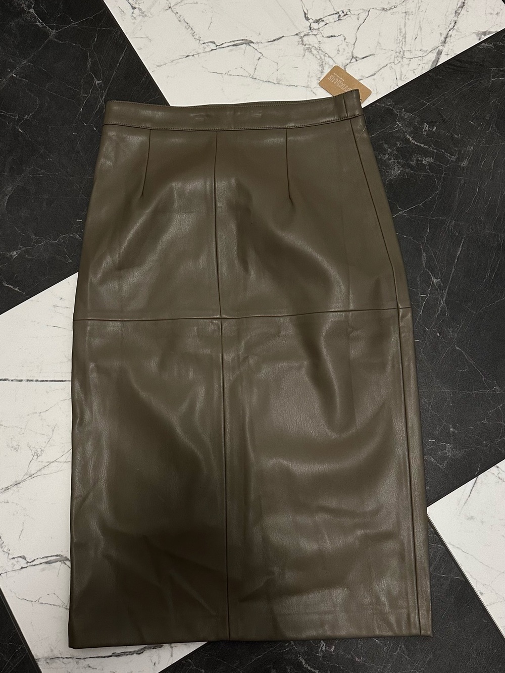 Olive Green Faux Leather Pencil Skirt with Front Slit - Picture 6 of 8